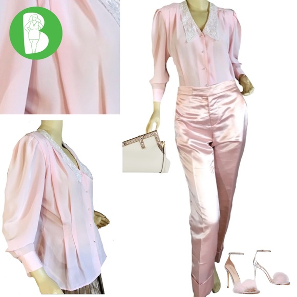 VINTAGE 1980'S LIGHT PINK W/WHITE LACE COUNTERPARTS BLOUSE (8P) - Picture 1 of 9